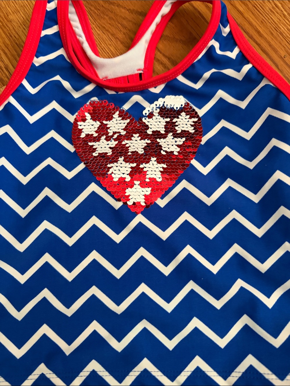 SO Blue Chevron  swim Tank with Red Sequin Heart
